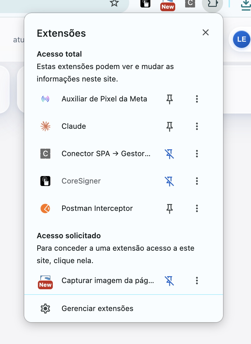 Menu de extensões do Chrome mostrando o Conector SPA para Gestor na lista.