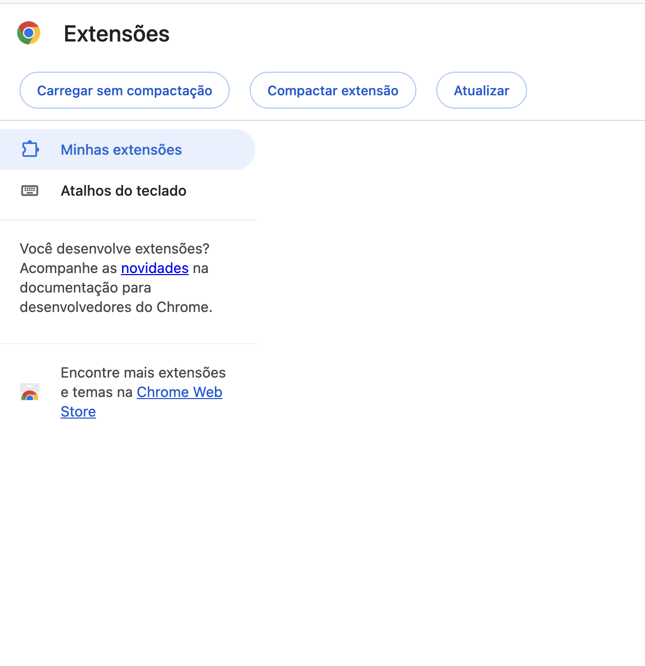 Página chrome://extensions com os botões Carregar sem compactação, Compactar extensão e Atualizar.