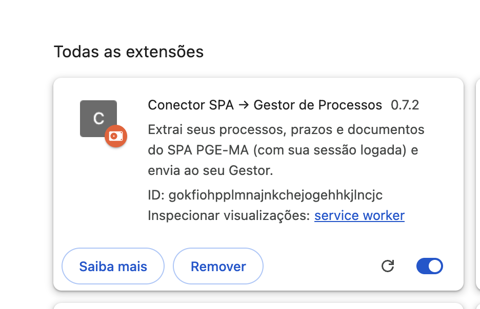 Cartão da extensão Conector SPA para Gestor de Processos, versão 0.7.2, com o interruptor ligado.