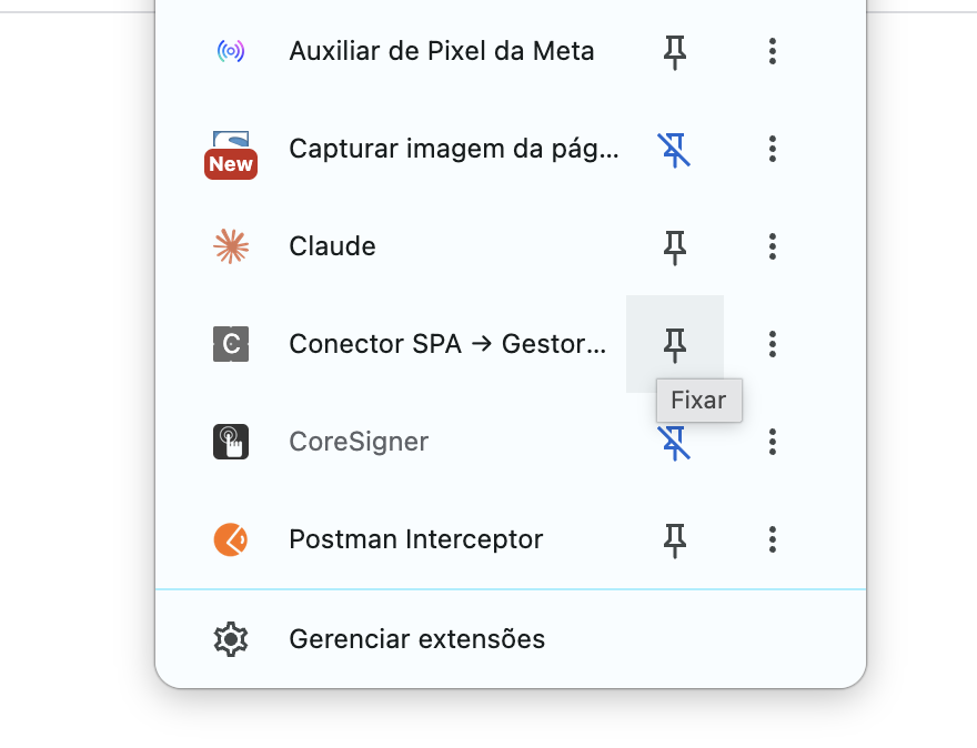 Menu de extensões com o botão Fixar (alfinete) ao lado do Conector.