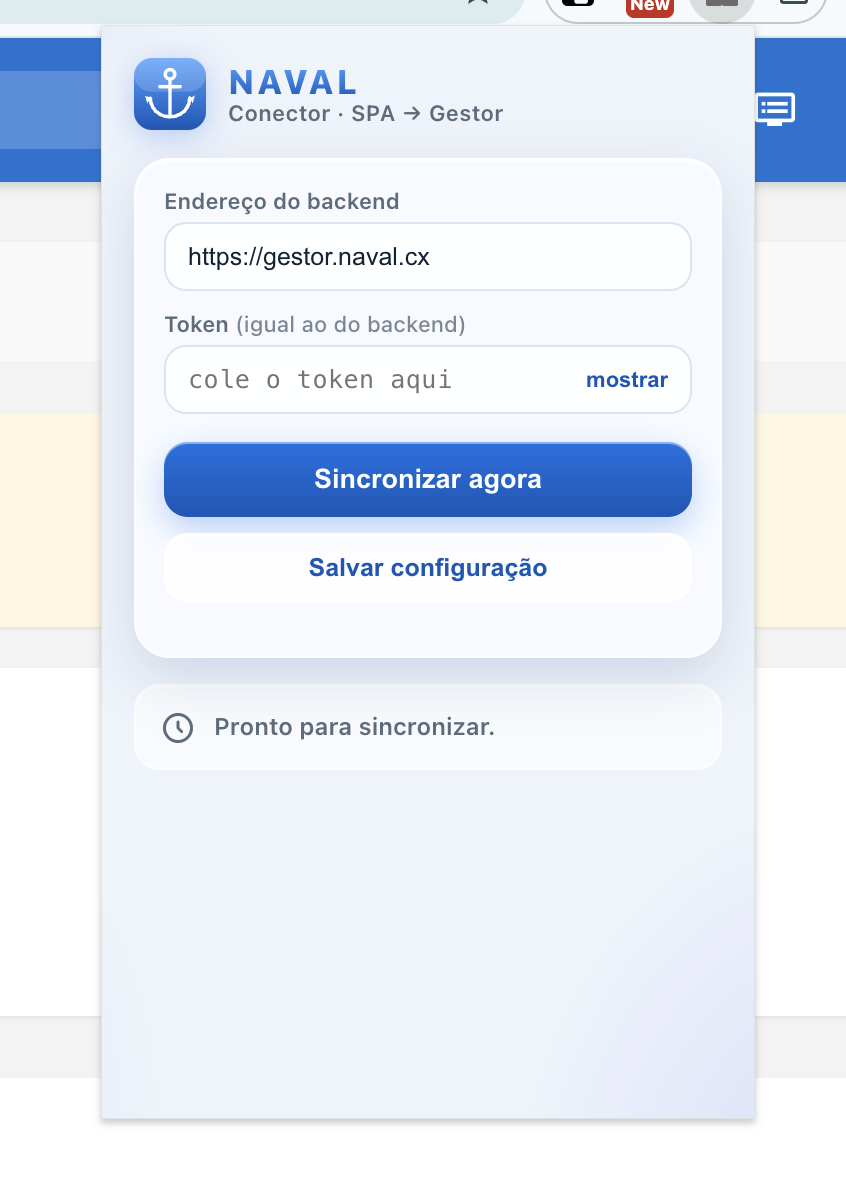 Janela do Conector com o endereço do backend e o campo para colar o token.