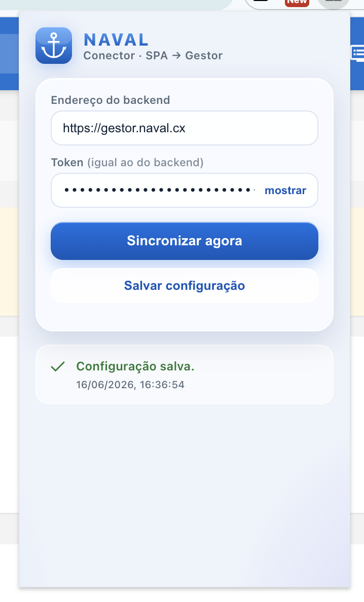 Janela do Conector com a mensagem Configuração salva, em verde.