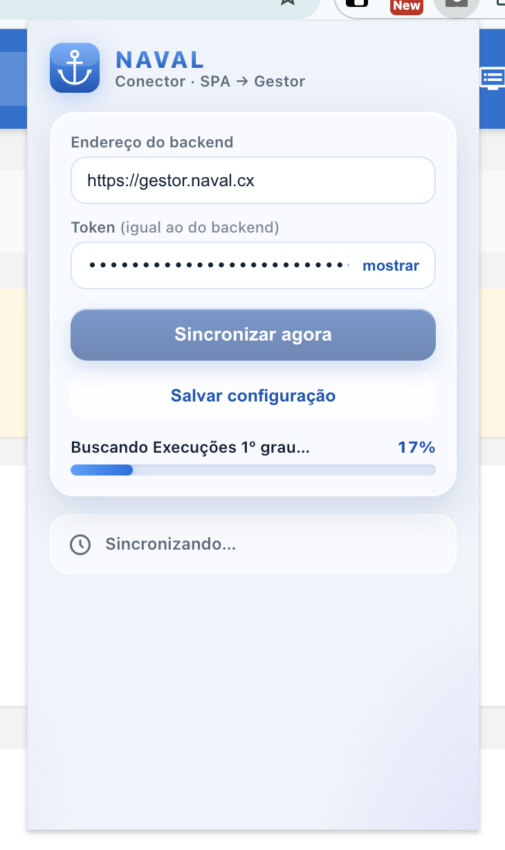 Janela do Conector sincronizando, com a barra de progresso Buscando Execuções 1º grau a 17 por cento.